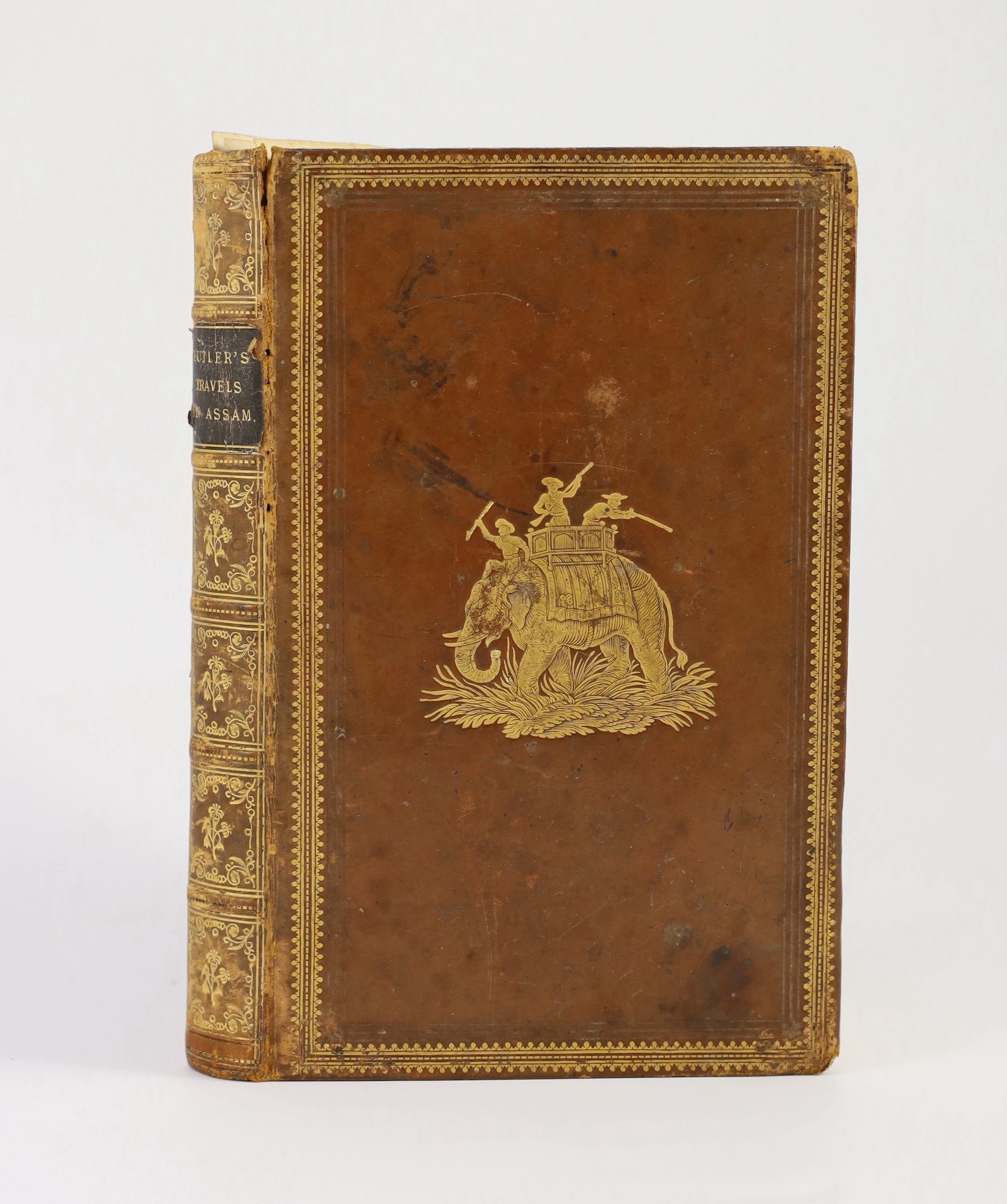 Butler, John, Major - Travels and Adventures in the Province of Assam, during a Residence of Fourteen Years, 8vo, pictorial calf gilt, with frontis, folding map and 8 tinted plates, front fly leaf inscribed, ‘’John Butle